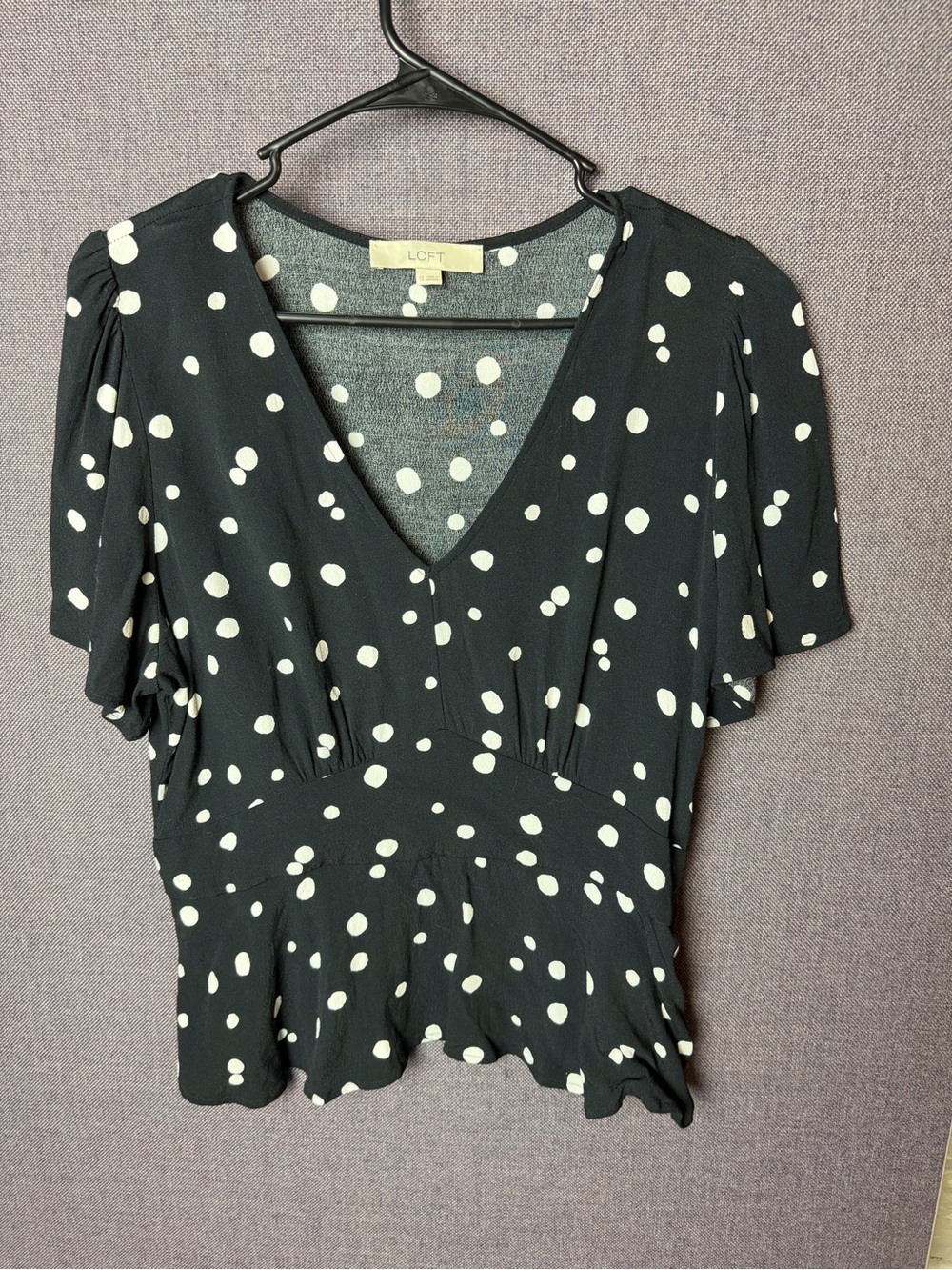 LOFT Black and White Polka Dot V-Neck Peplum Blouse